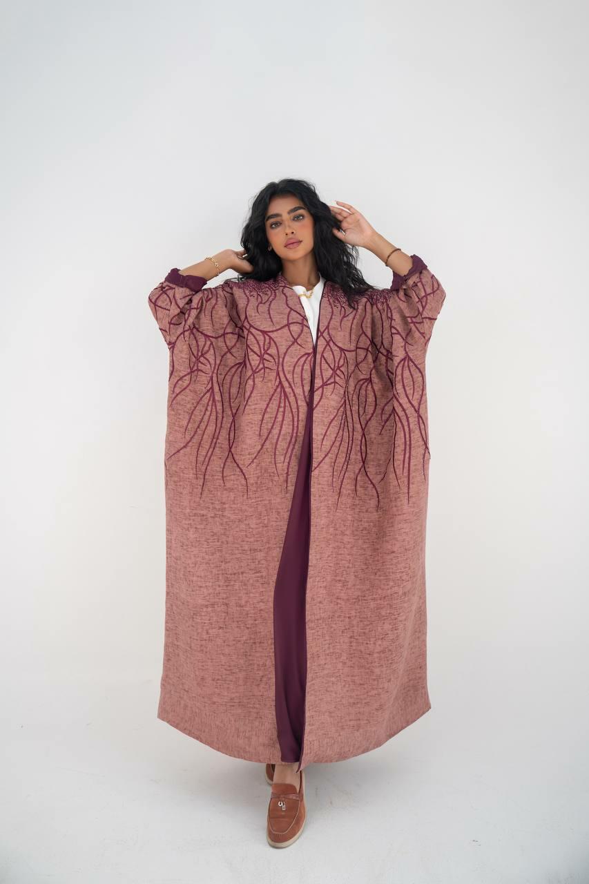 Flesh linen bisht abaya with hand embroidery