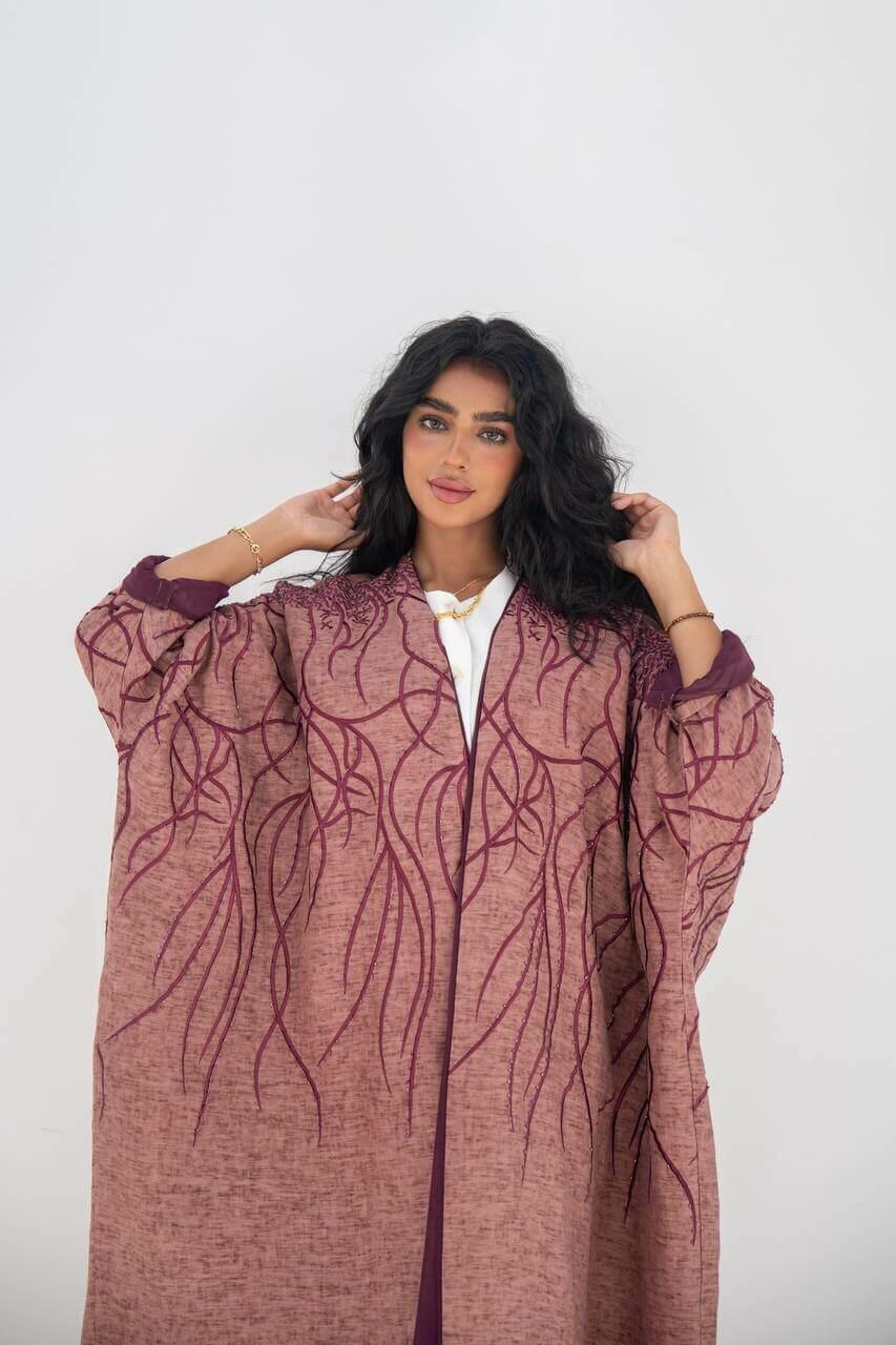 Flesh linen bisht abaya with hand embroidery