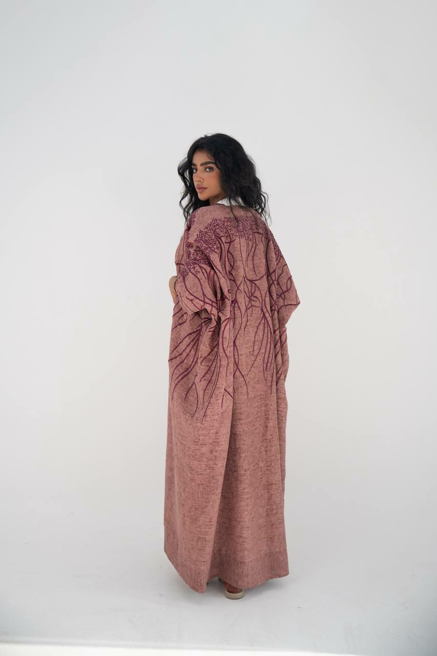 Flesh linen bisht abaya with hand embroidery