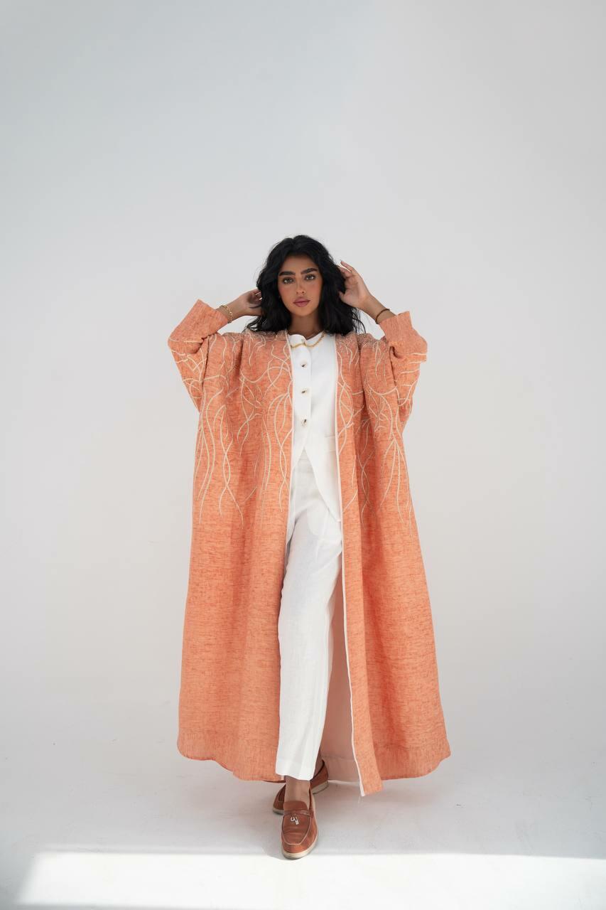 Orange linen bisht abaya with hand embroidery