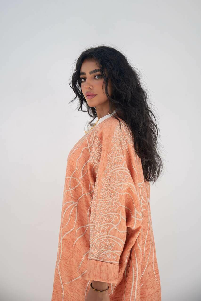 Orange linen bisht abaya with hand embroidery