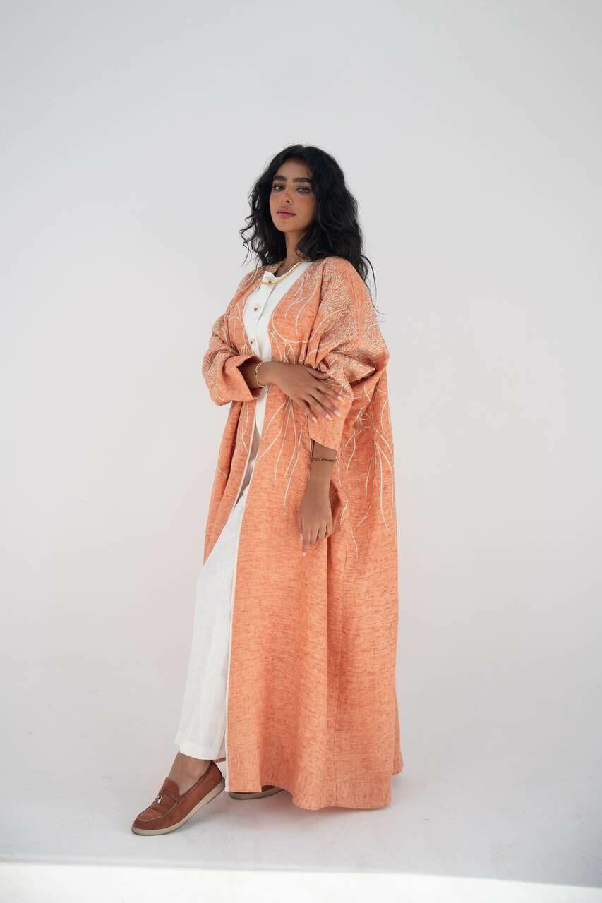 Orange linen bisht abaya with hand embroidery