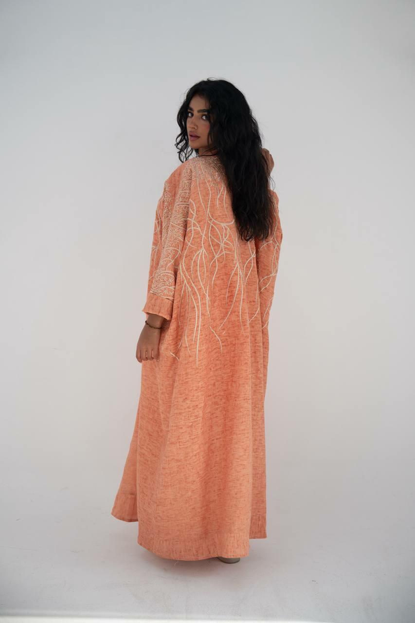 Orange linen bisht abaya with hand embroidery
