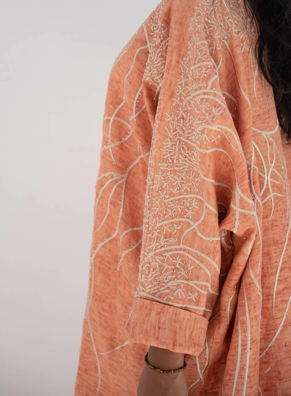 Orange linen bisht abaya with hand embroidery