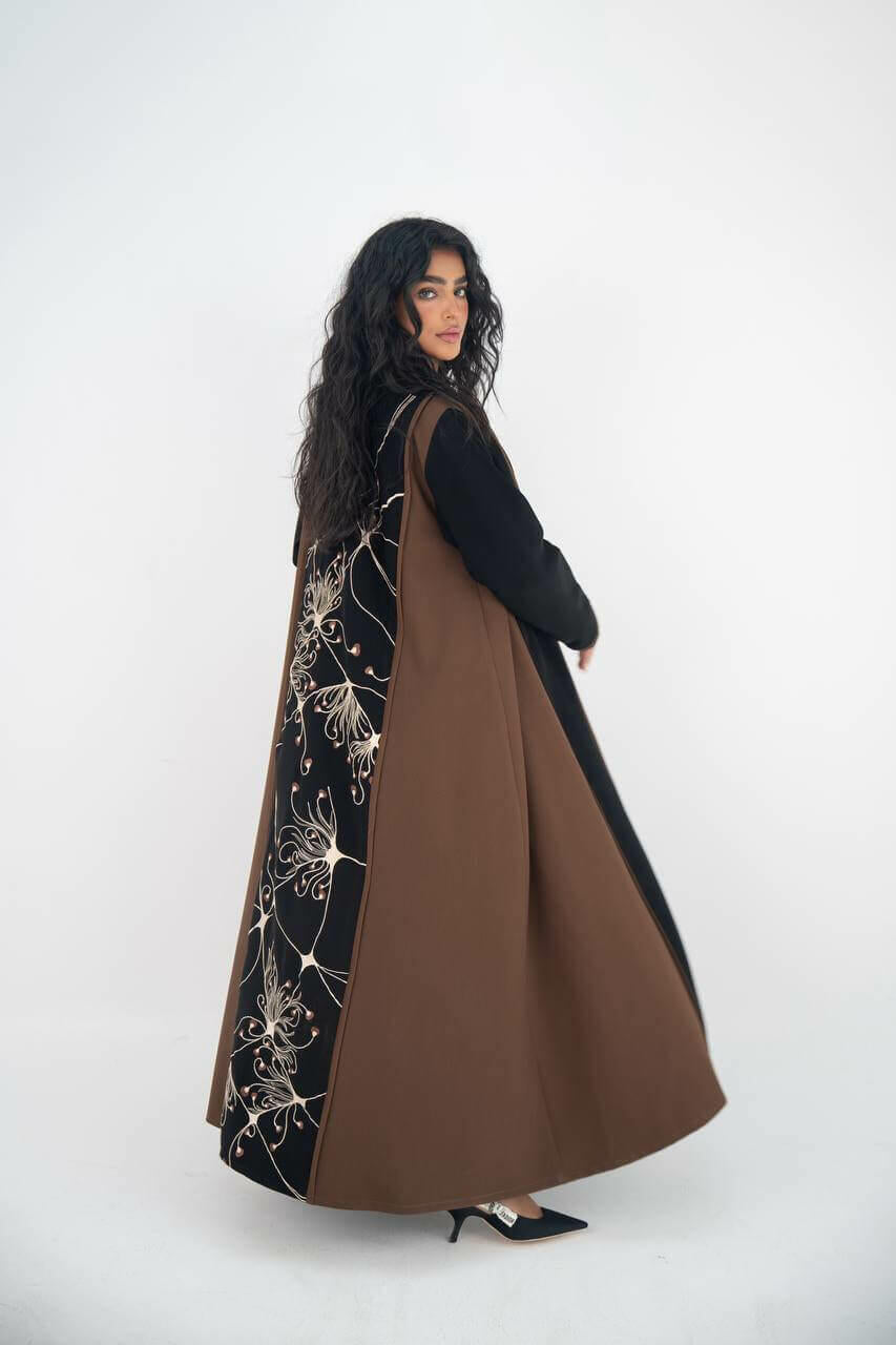 Black and brown crepe abaya with embroidery