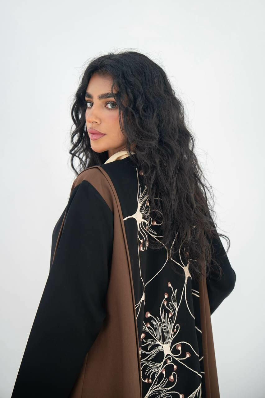 Black and brown crepe abaya with embroidery