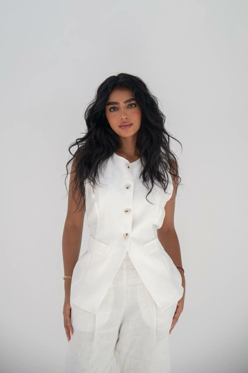 A vest and pants set made of white linen