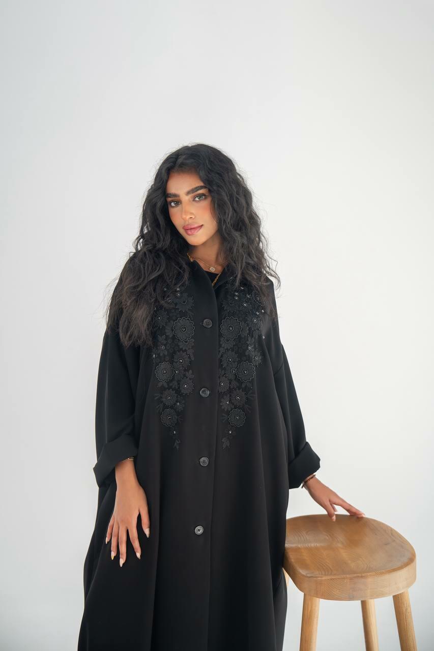 Black crepe practical abaya with hand embroidery and sophisticated touch-free size
