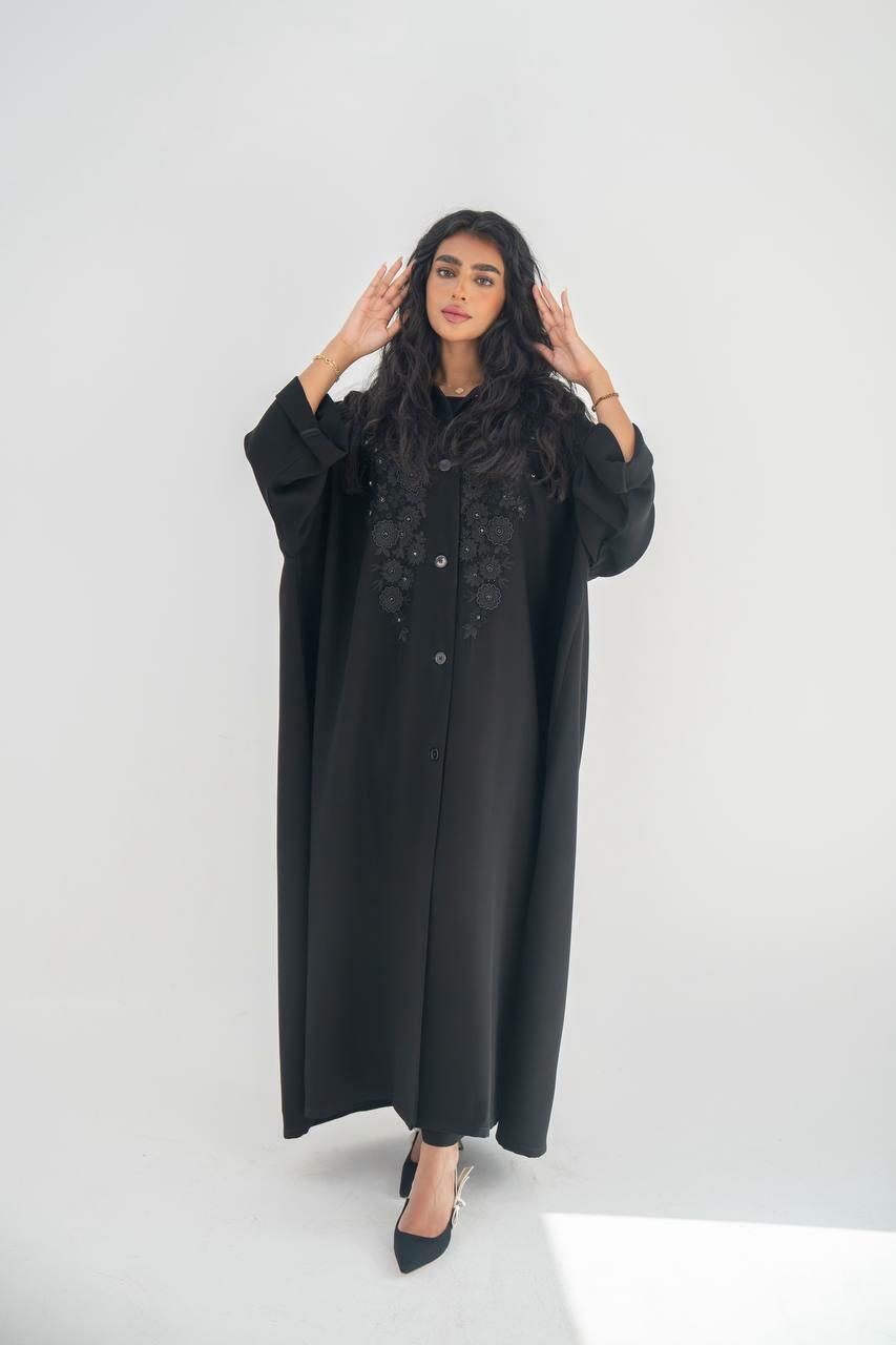 Black crepe practical abaya with hand embroidery and sophisticated touch-free size