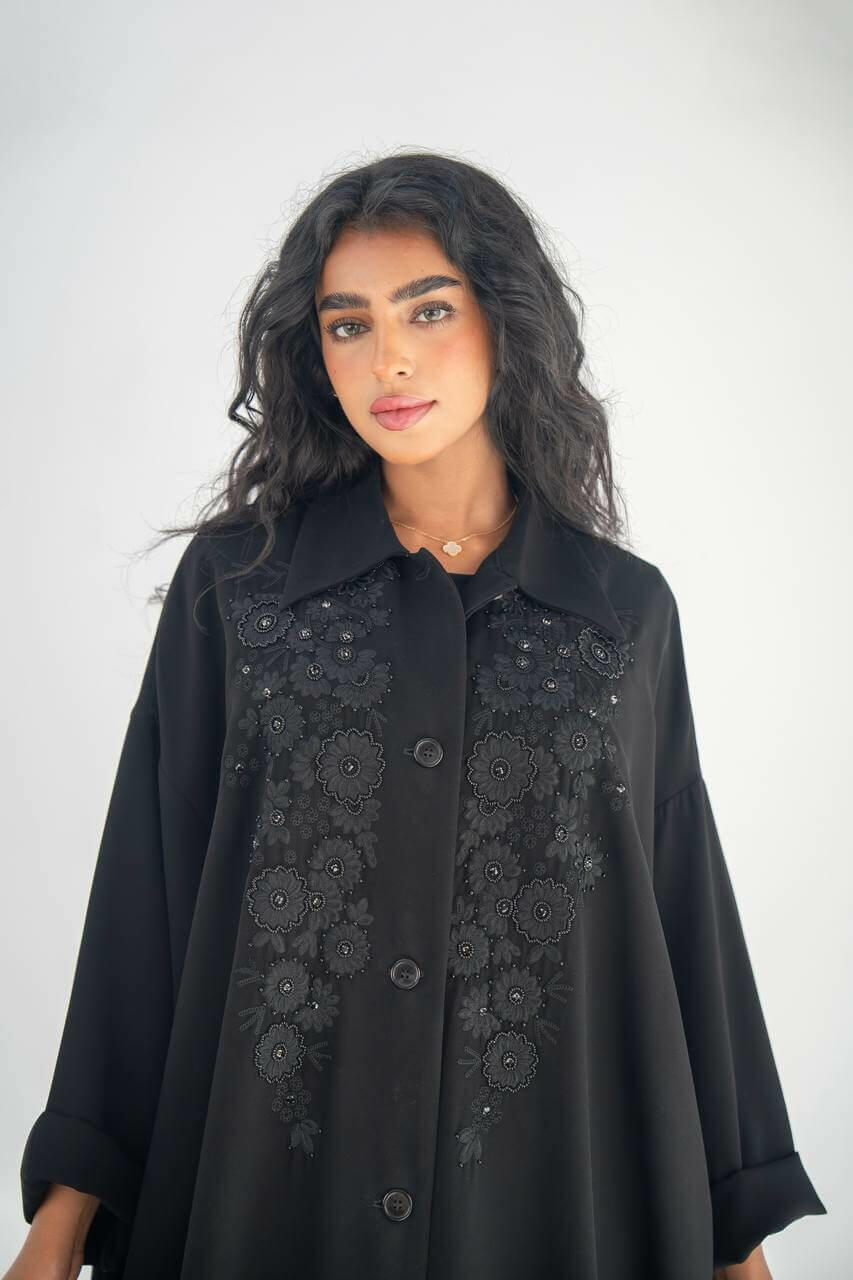 Black crepe practical abaya with hand embroidery and sophisticated touch-free size