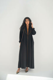 Black linen blazer abaya with camel details with inner set.