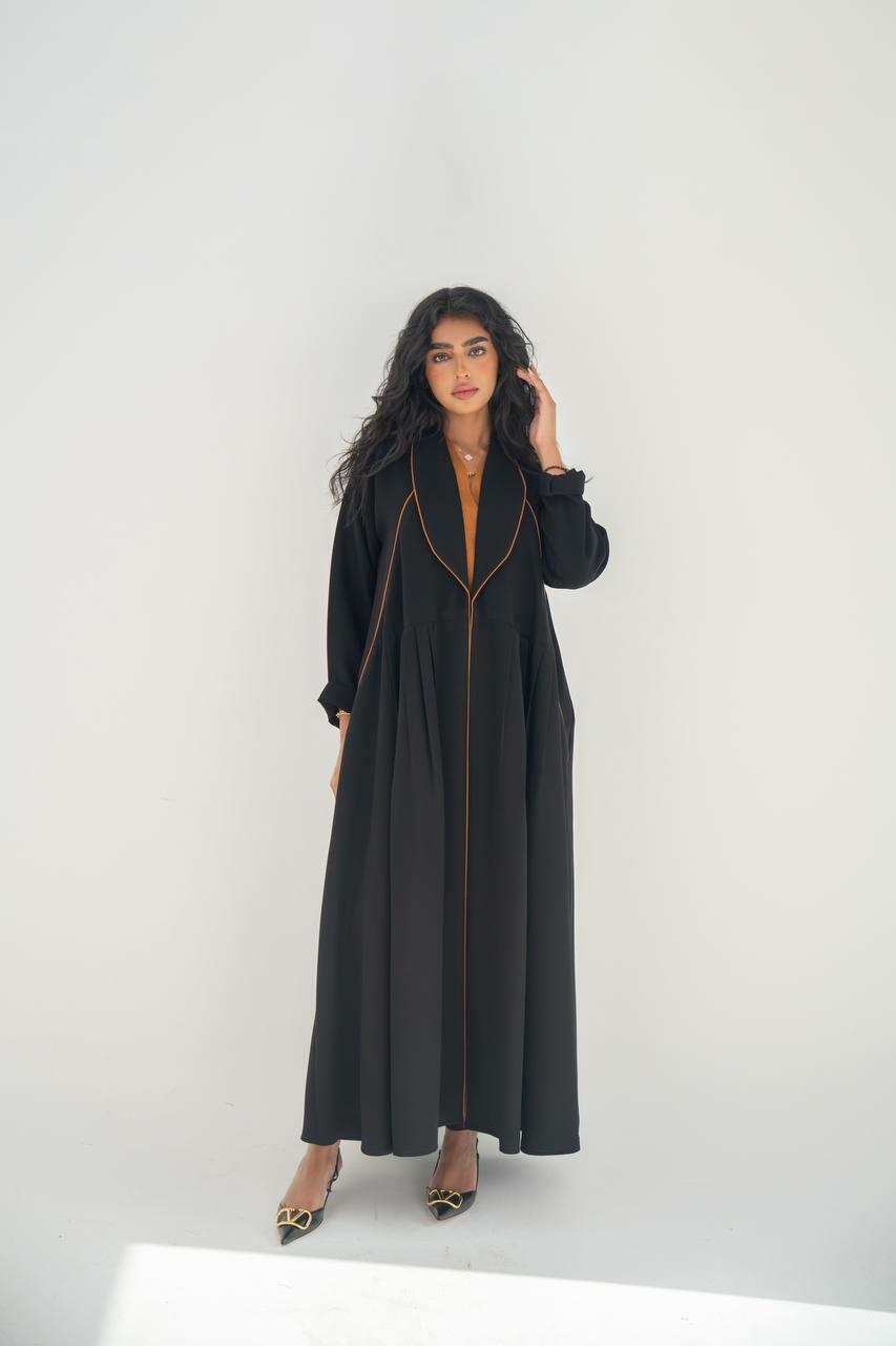 Black linen blazer abaya with camel details with inner set.