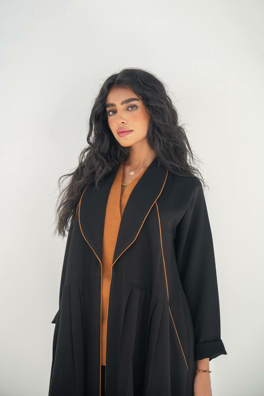 Black linen blazer abaya with camel details with inner set.