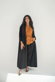 Black linen blazer abaya with camel details with inner set.