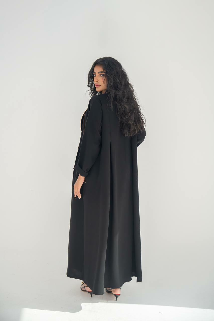 Black linen blazer abaya with camel details with inner set.