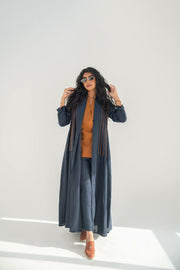 Navy linen abaya with camel details with inner set