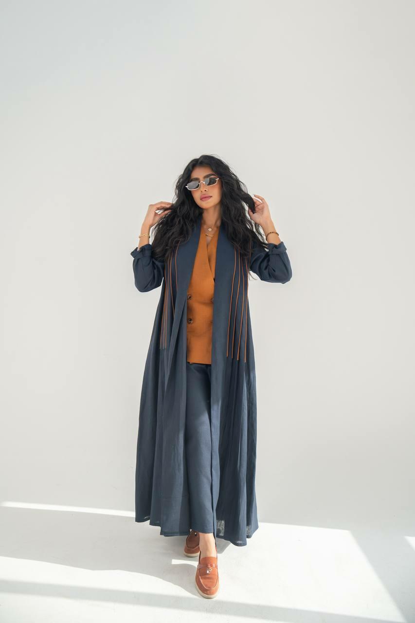 Navy linen abaya with camel details with inner set