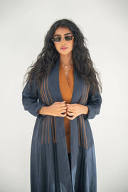 Navy linen abaya with camel details with inner set