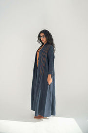 Navy linen abaya with camel details with inner set