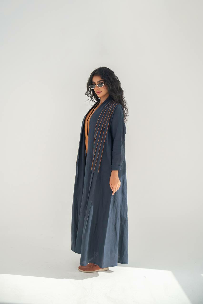 Navy linen abaya with camel details with inner set