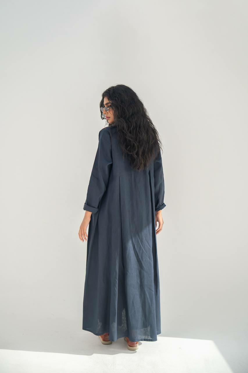 Navy linen abaya with camel details with inner set
