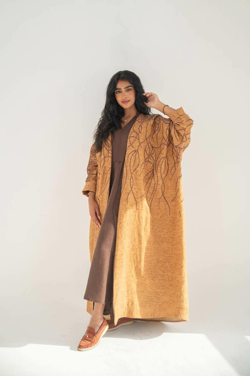 Orange linen bisht abaya with embroidery-free size