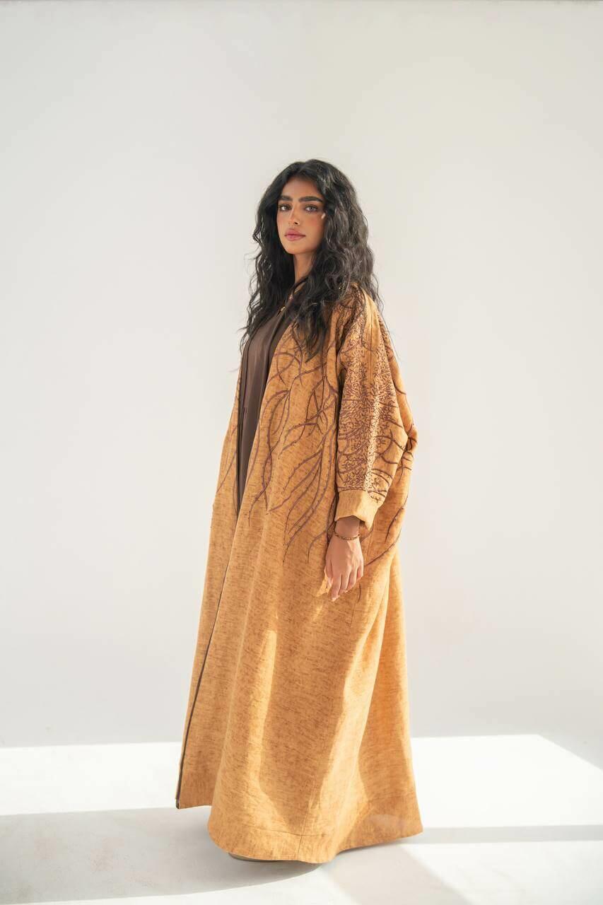 Orange linen bisht abaya with embroidery-free size