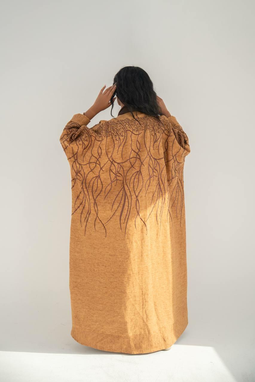 Orange linen bisht abaya with embroidery-free size