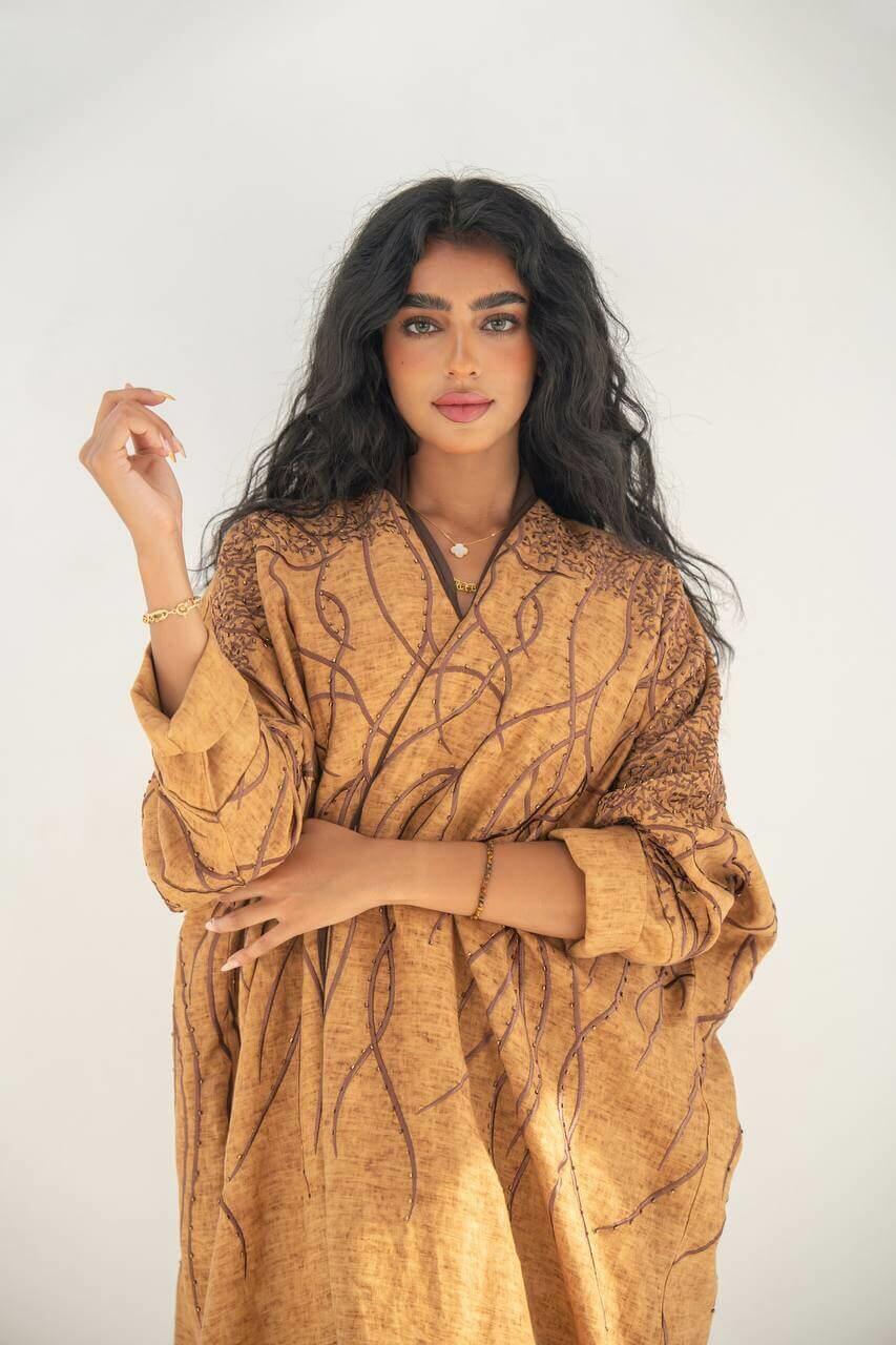 Orange linen bisht abaya with embroidery-free size