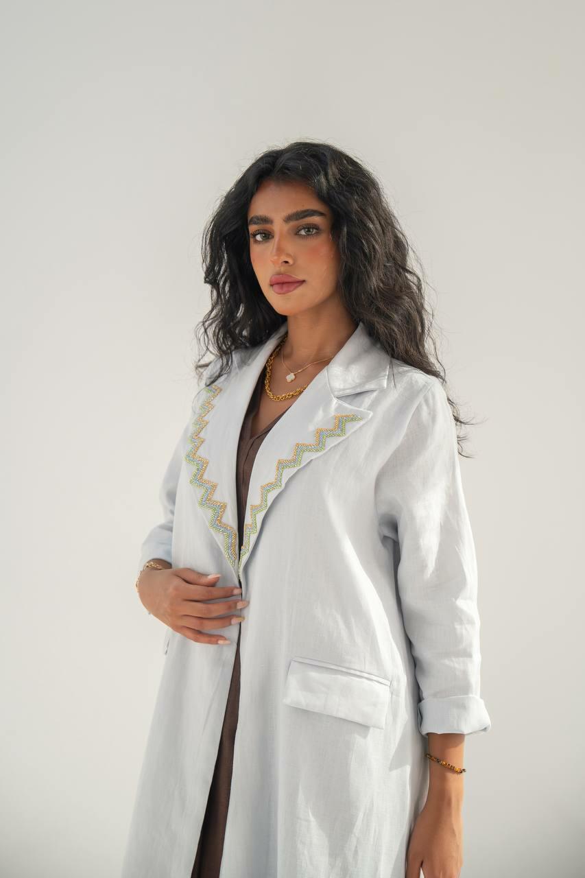 Sky blue linen abaya with hand embroidery