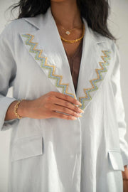 Sky blue linen abaya with hand embroidery