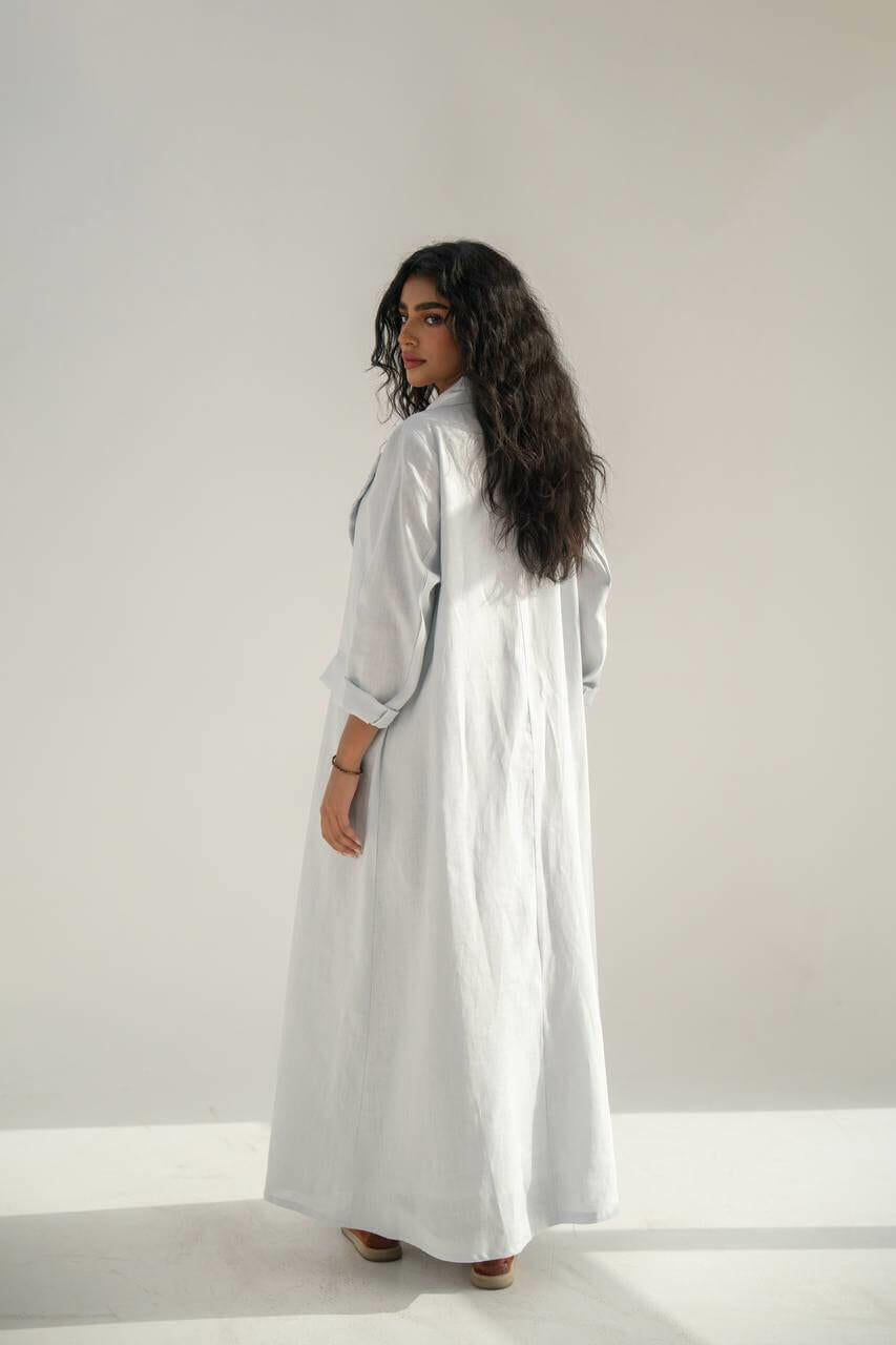Sky blue linen abaya with hand embroidery