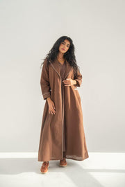 Brown linen blazer abaya with inner set