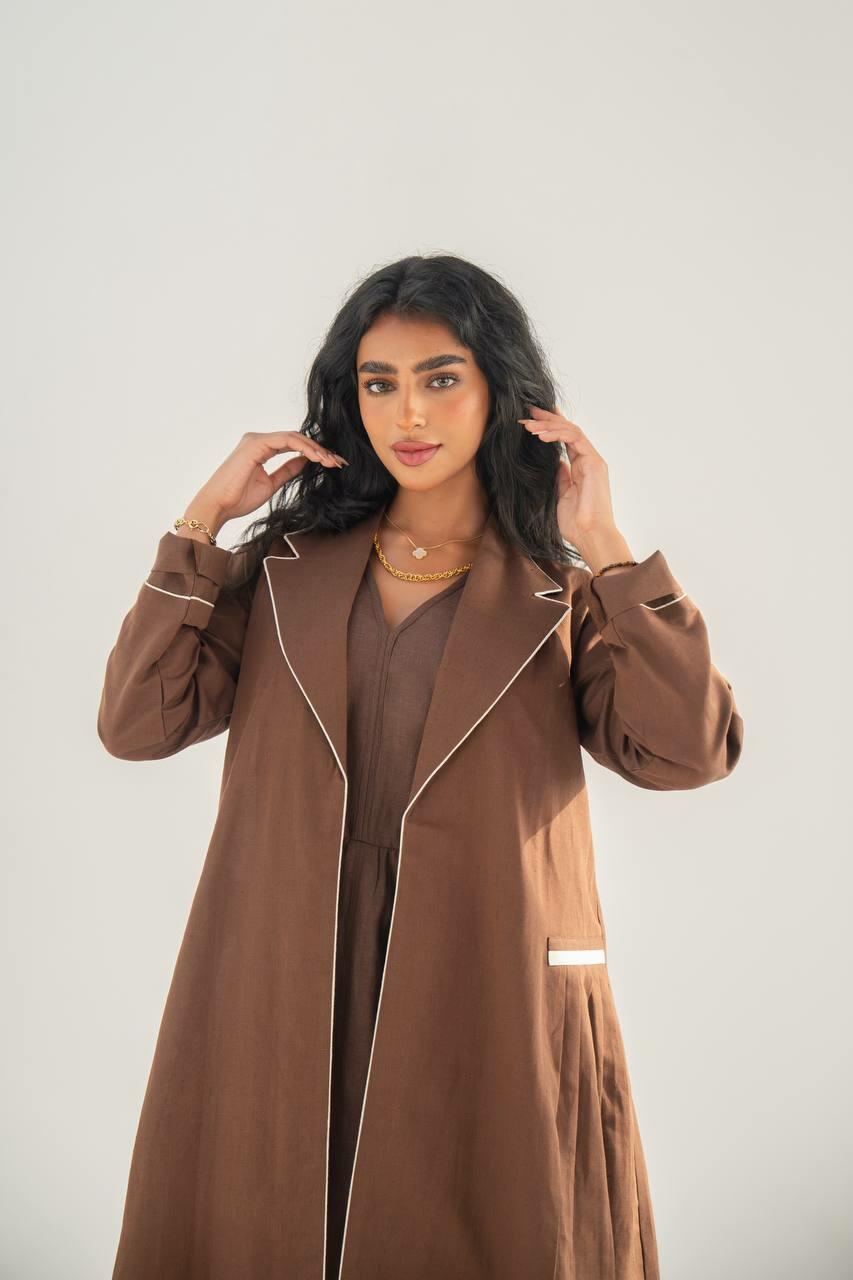 Brown linen blazer abaya with inner set
