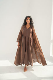 Brown linen blazer abaya with inner set
