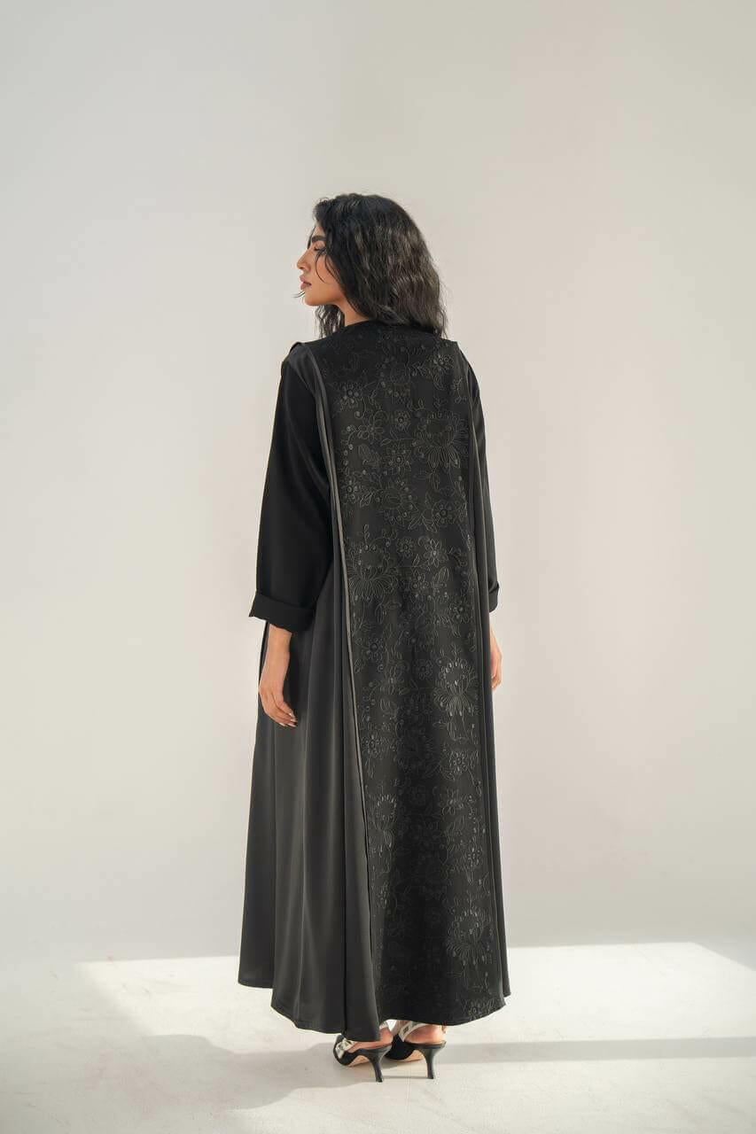 Black crepe and silk crepe with embroidery on the back