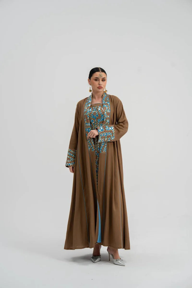 Linen abaya with embroidery (with inner set). C:6743