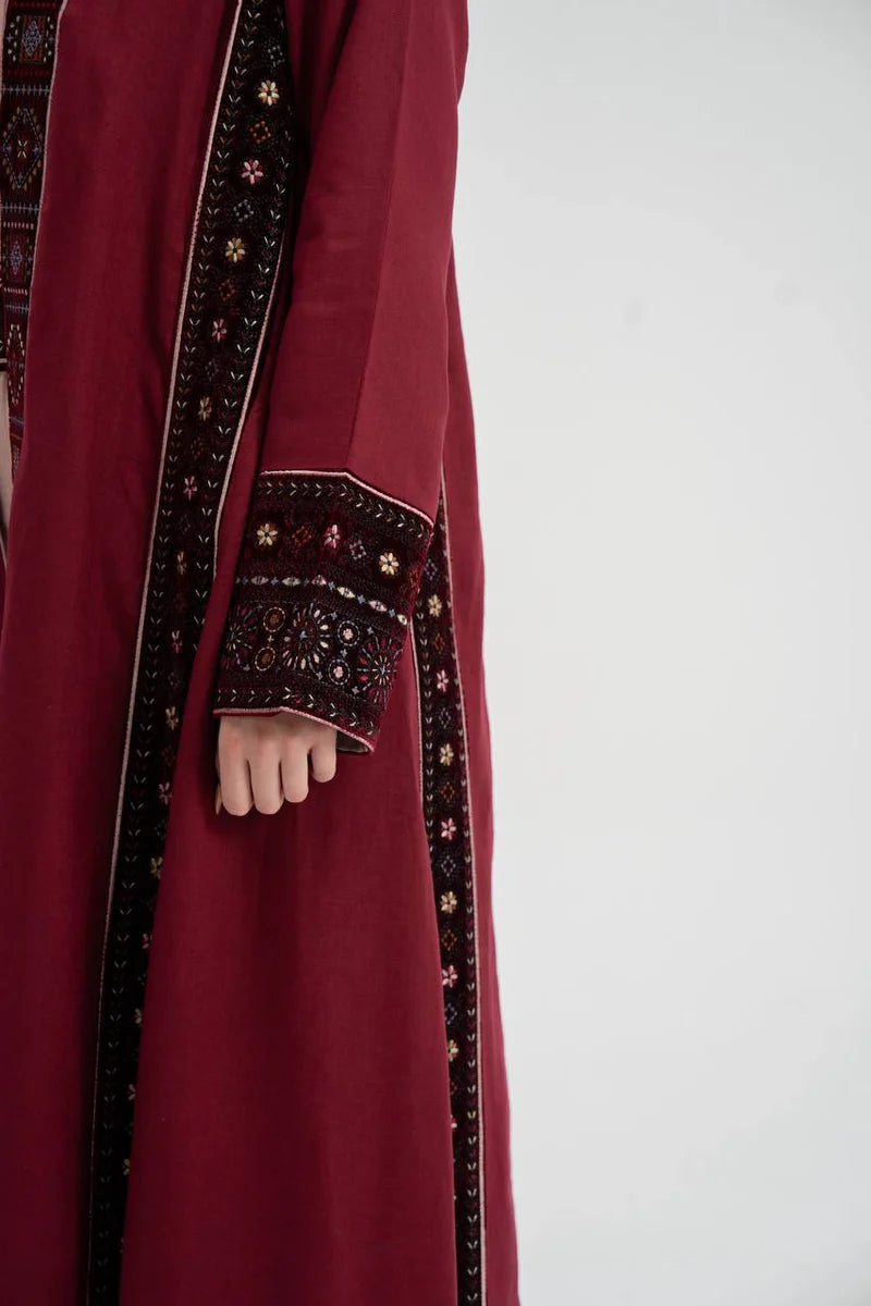 Red linen abaya with embroidery. C:6746