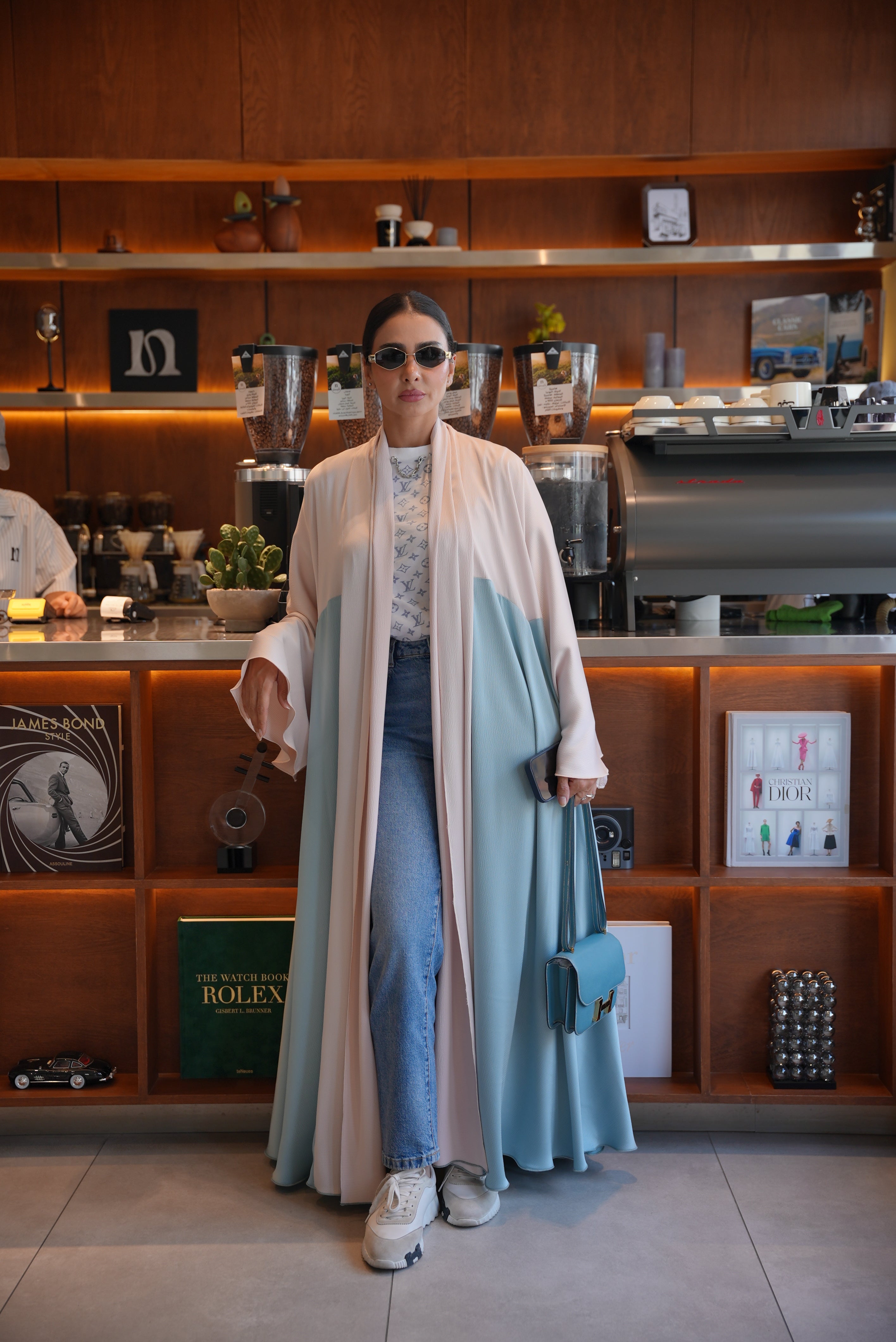 Beige and blue silk crepe Abaya - 1998