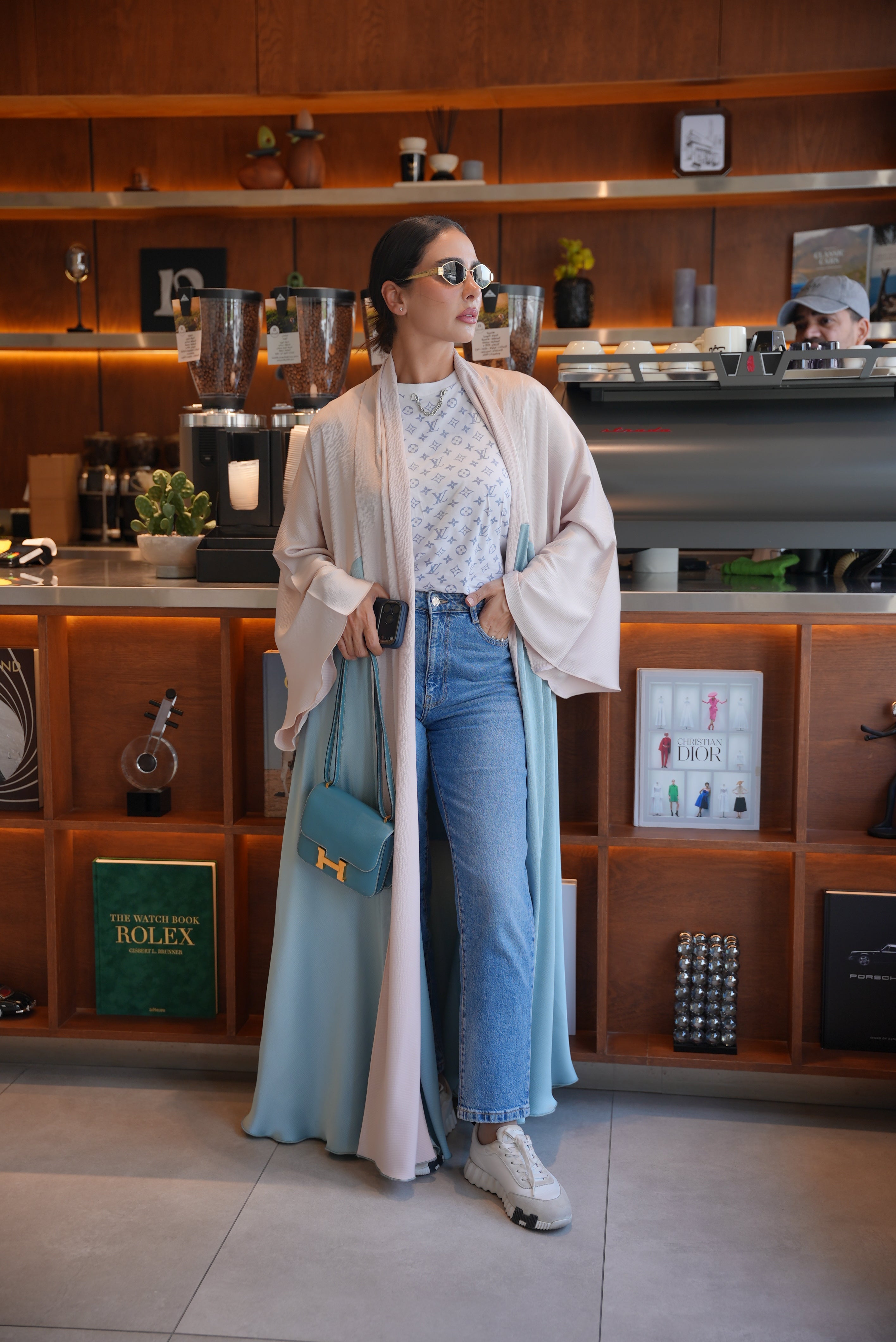 Beige and blue silk crepe Abaya - 1998