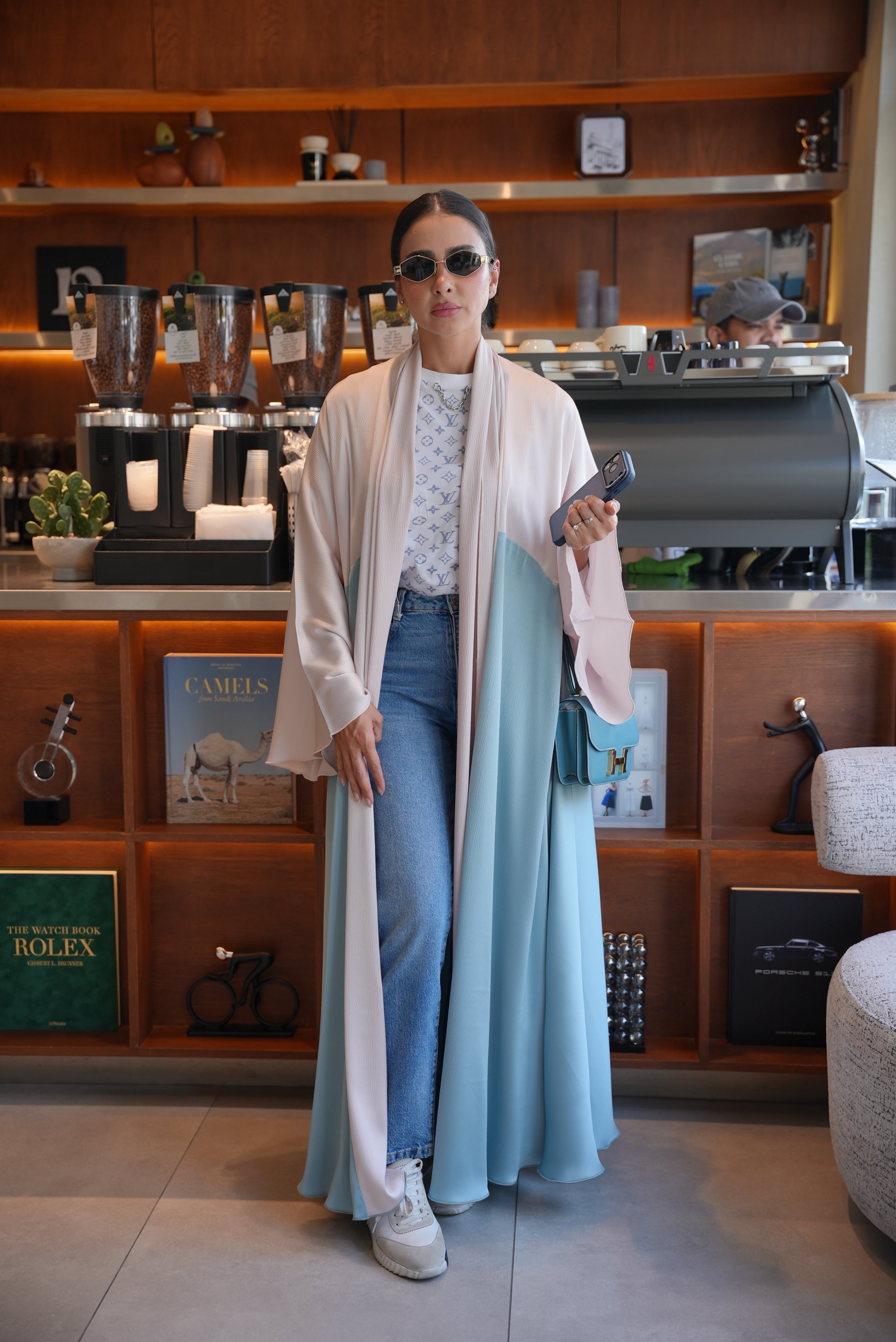 Beige and blue silk crepe Abaya - 1998