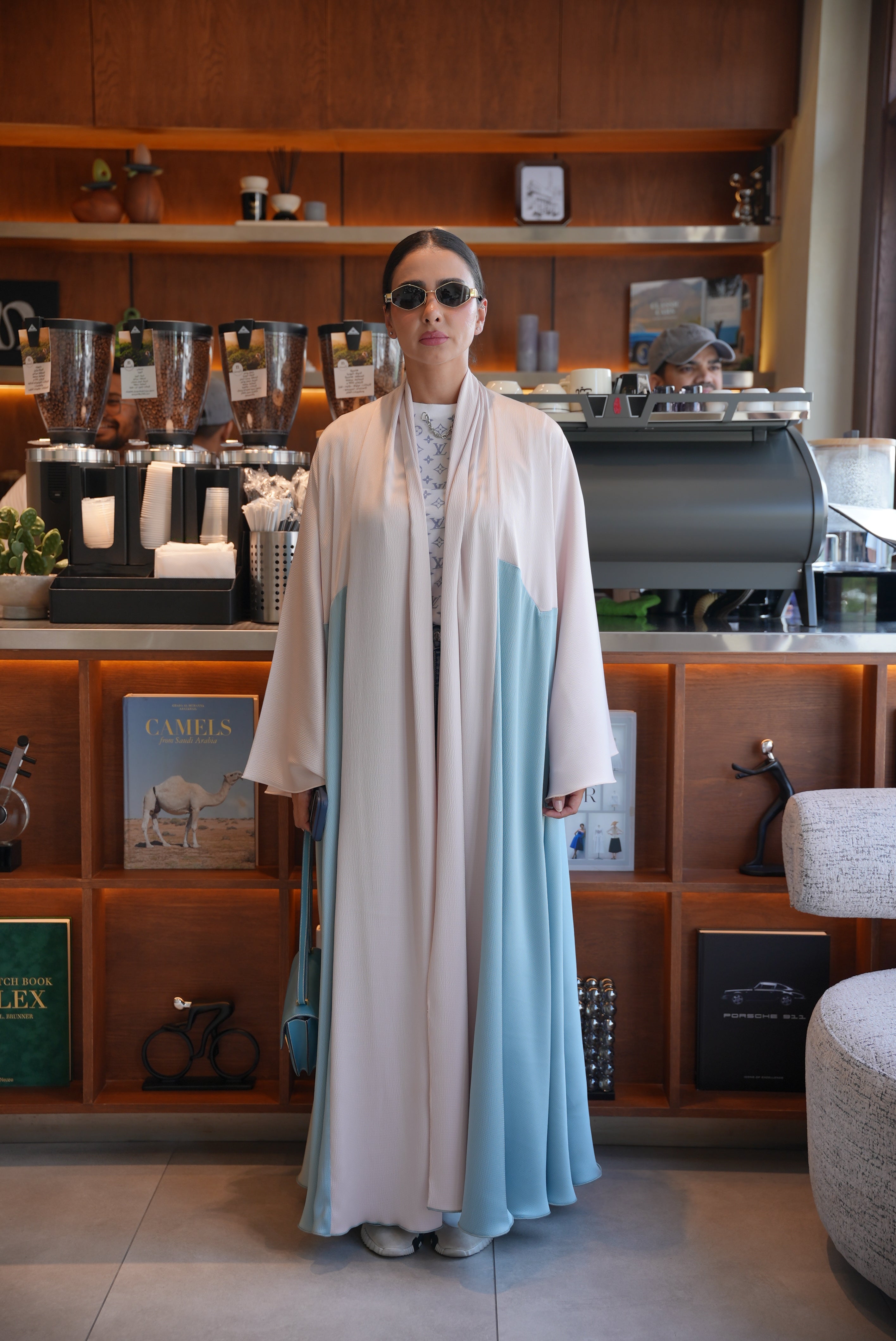 Beige and blue silk crepe Abaya - 1998