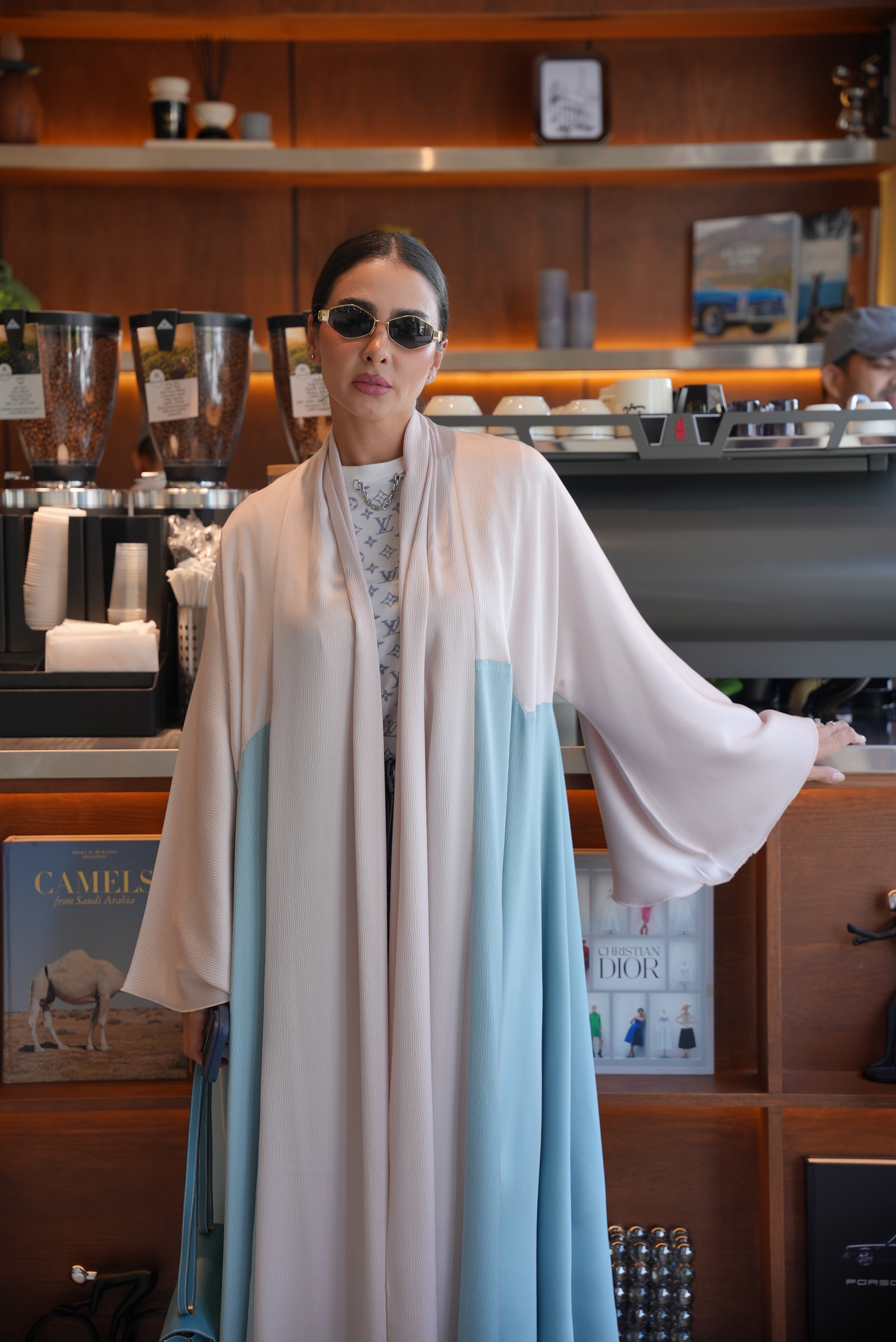 Beige and blue silk crepe Abaya - 1998