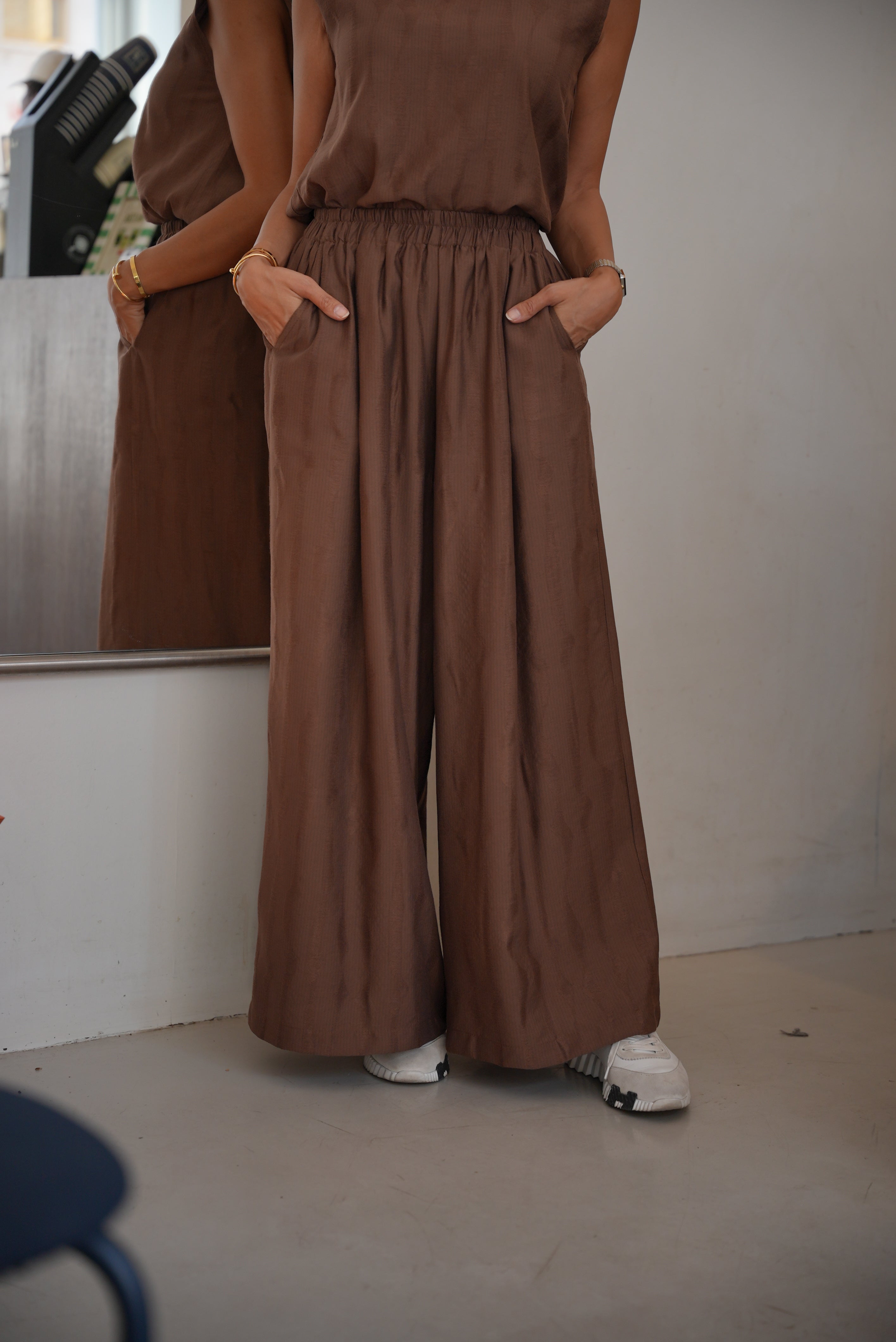 Striped brown linen crepe pants - 1994