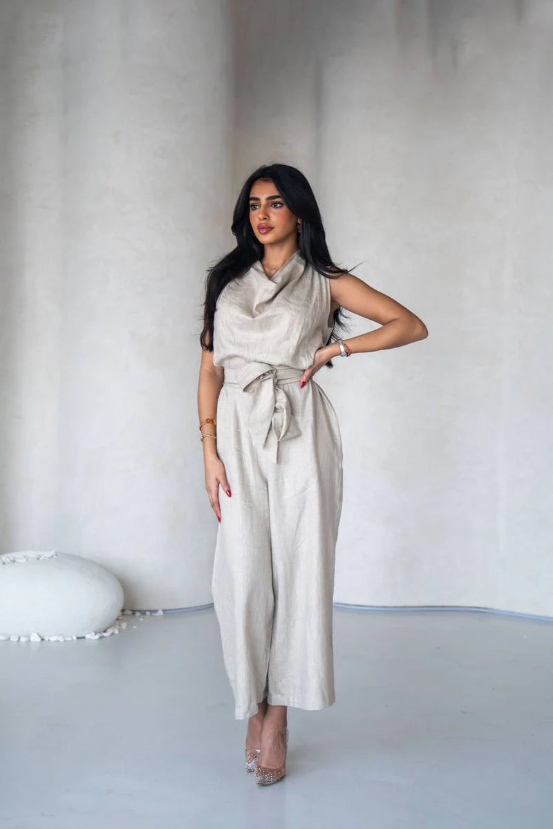 Linen jumpsuit in beige color C:196 Light Beige