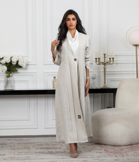 Beige linen blazer abaya C:6489 Beige