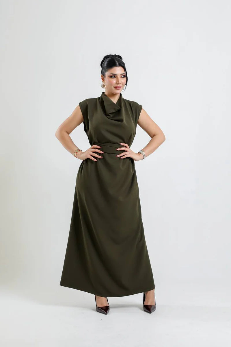 crepe dress in olive green. C:198 Green