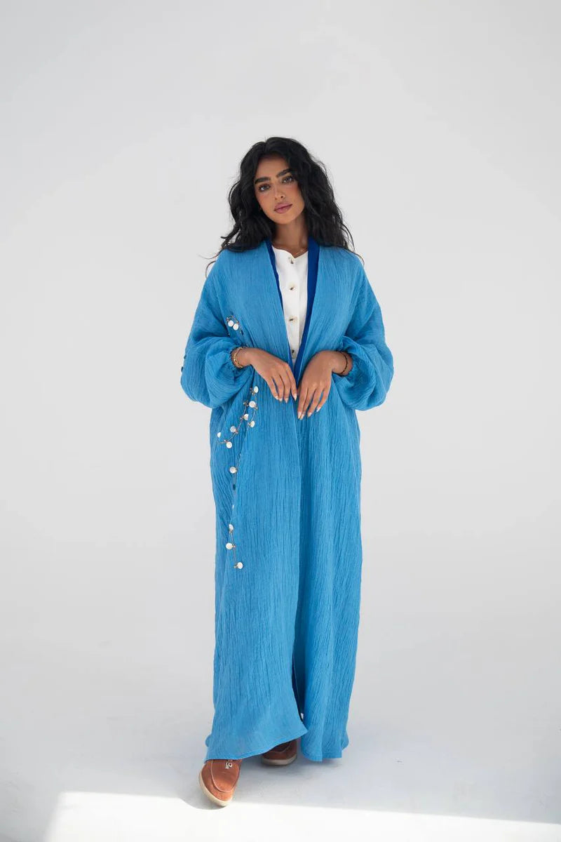 Blue linen abaya with hand embroidery C:6647 (Free size)