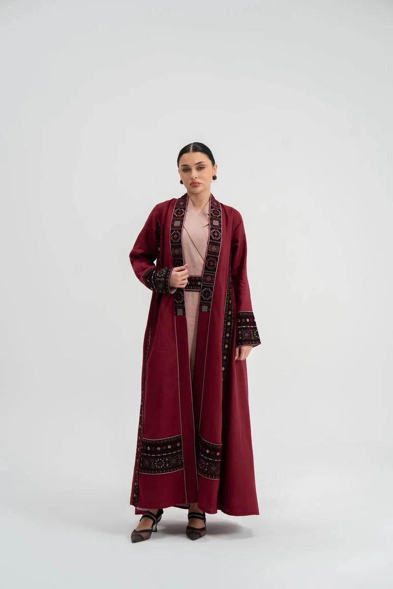 Red linen abaya with embroidery. C:6746