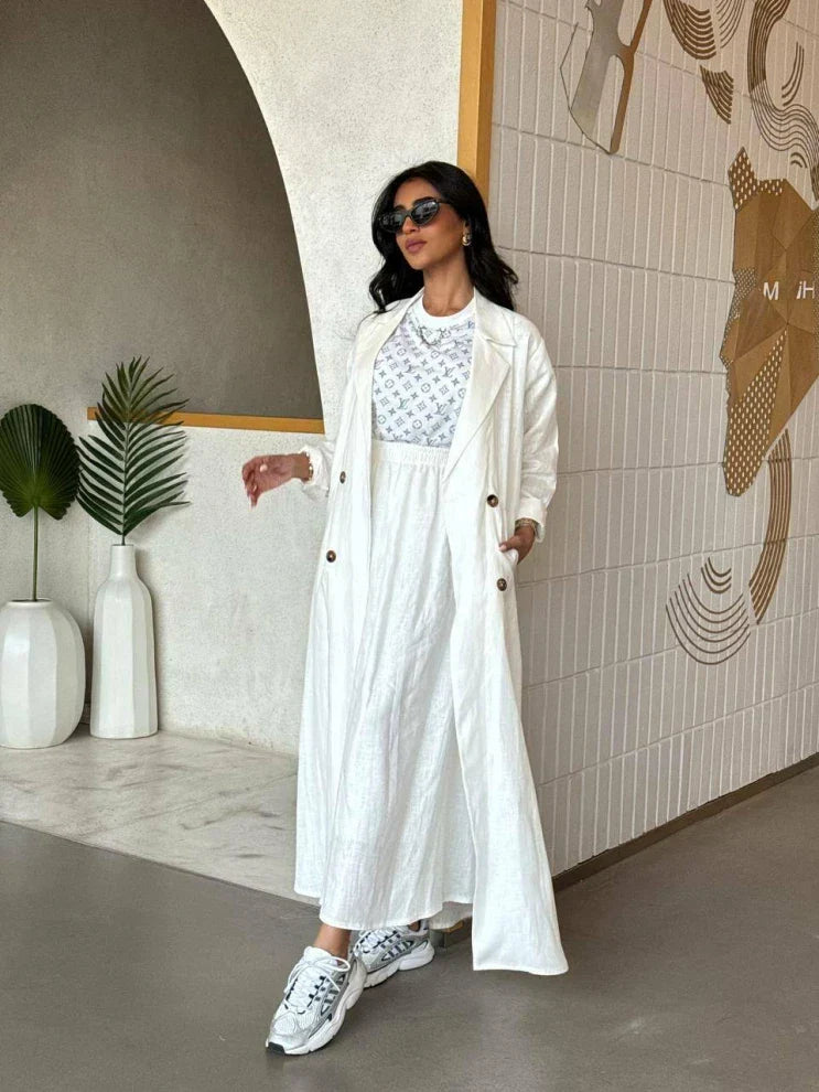 Linen Abaya White C:6459 White (FREE SIZE)